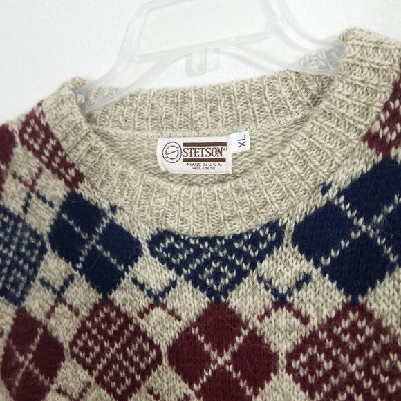 Vintage 70s Stetson argyle wool blend sweater XL - Picture 5 of 9